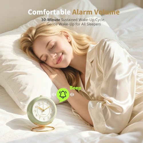 Azxb Retro Analog Alarm Clock - Avocado Green, Silent & Backlit