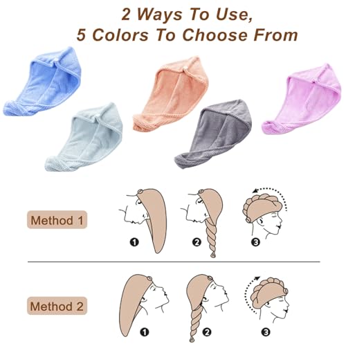 Microfiber Hair Drying Towel Wrap - 5 Pack, 10x26 Inch Absorbent Turban