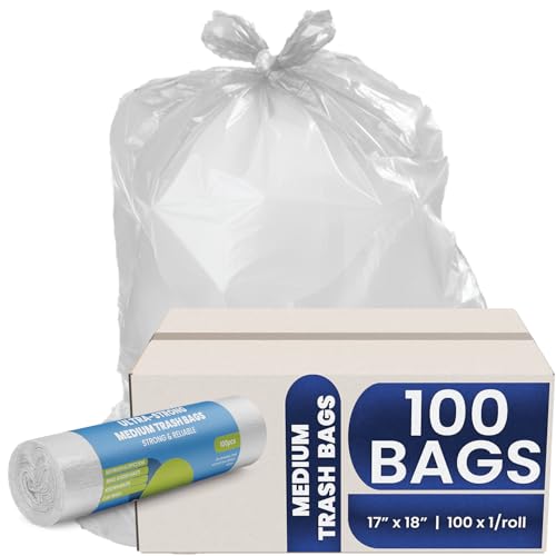 Melplas Medium Trash Bags, 17x18 Inches, 1 Mil Heavy-Duty, 100 Count