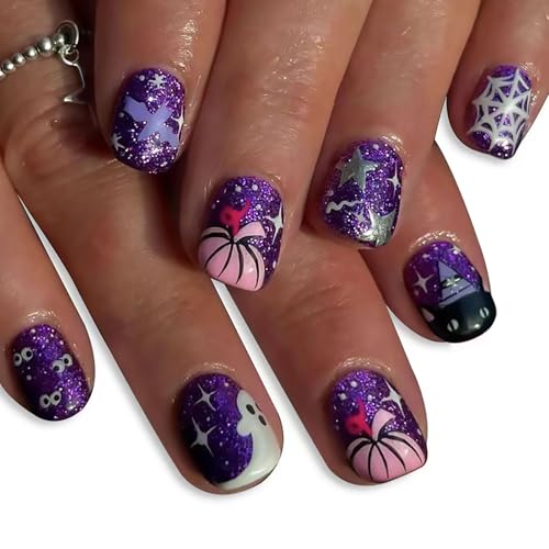 Halloween Press on Nails Short Square False Nails Purple Glitter
