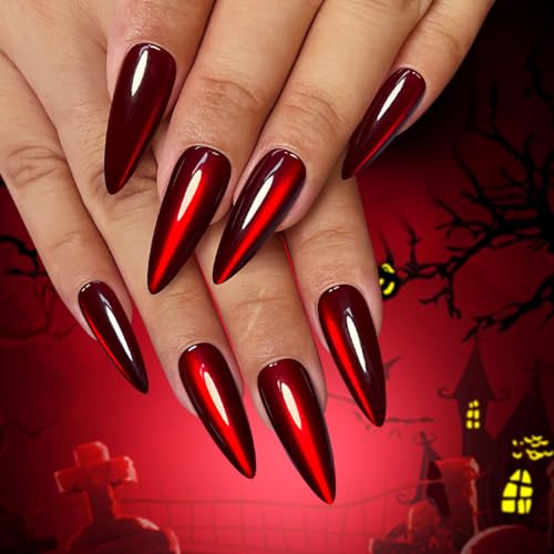 Red Vampire Cat Eye Press On Nails Long Stiletto Acrylic False Nails Kit