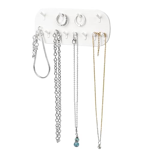 KALIONE Wall Mounted Necklace Holder with 6 Hooks - White Plastic Organizer