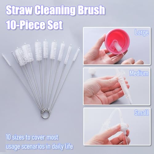 Bestac Straw Cleaner Brushes Set - 10 Multi-Size with Nylon Bristles & Stainless Steel Handle