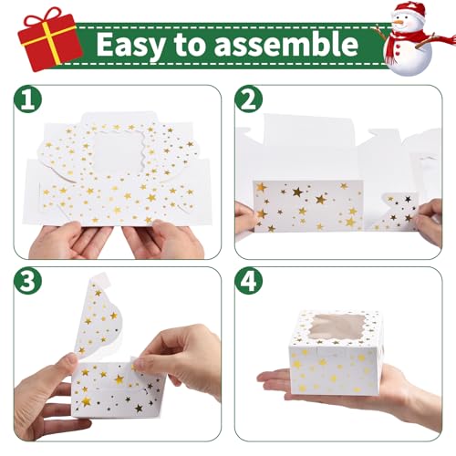 Christmas Cookie Boxes with Window - Stars Pattern, 36 Pack, 4x4x2.5 Inches