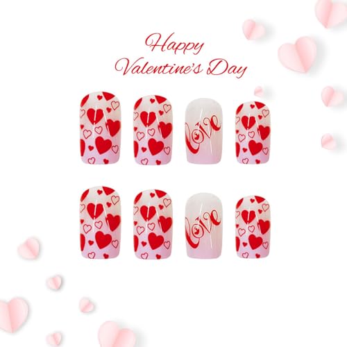 Valentine Press on Nails Medium Square Red Heart Acrylic Nails 24 Pcs