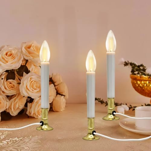 Gold 4 Pack Electric Window Candle Lamps with Brass Base, Dusk to Dawn Sensor