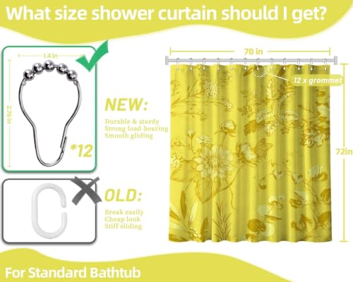Mustard Yellow Vintage Botanical Shower Curtain - 72x72 in, Waterproof Polyester with Floral Design