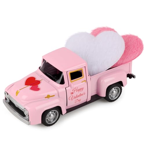 Valentine's Day Mini Pink Metal Pickup Truck with Hearts Decor