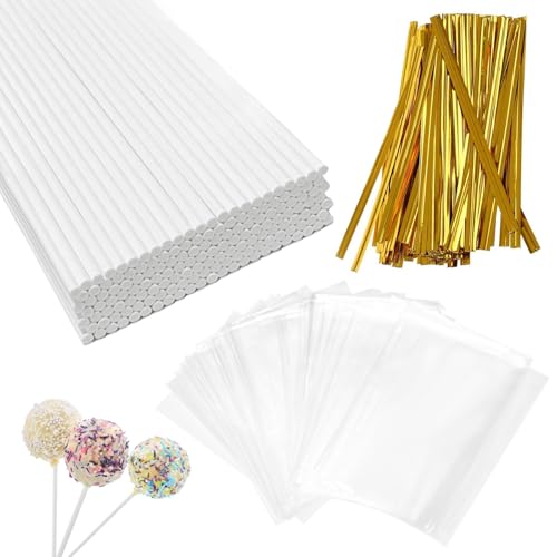4-Inch Gold Lollipop Sticks Set with Bags & Ties - 100 Pcs