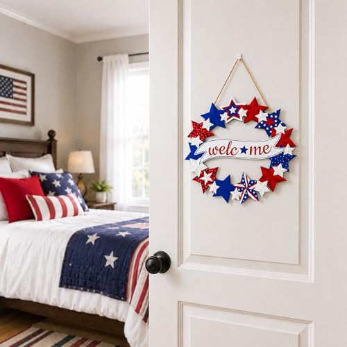 Patriotic Wooden 4th of July Door Sign - 12x12 Inch Star Decor