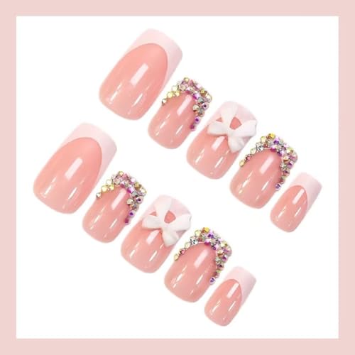 Square Press on Nails Short French Tip with 3D Bow Acrylic Nails