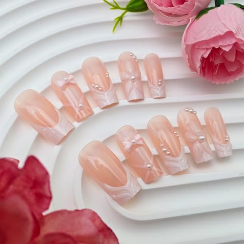 White French Tip Press On Nails Medium Square 3D Flower Bow False Nails