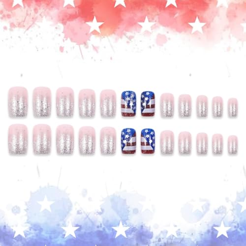 Independence Day Press on Nails Short Square Glossy Acrylic Star Design