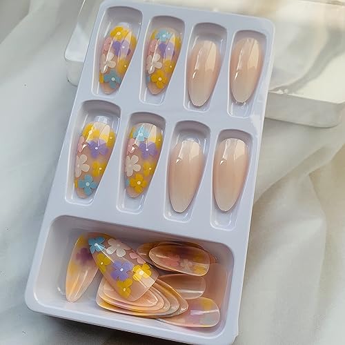 Vezocim Floral Press On Nails Oval Glossy Nude Fake Nails Acrylic Set