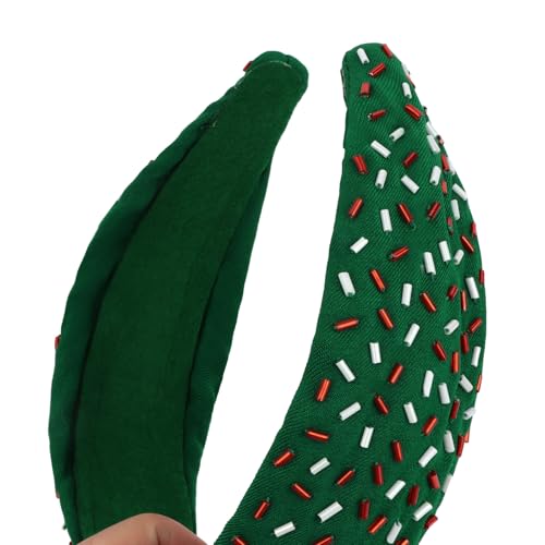 YISSION Green Christmas Knotted Headband - Beaded & Sequined Wide Hair Hoop