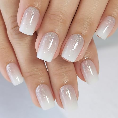White Gradient Press on Nails Short Square False Nails with Silver Glitter