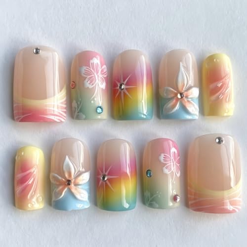 Pink French Tip Press On Nails with Butterfly Rhinestones 30Pcs