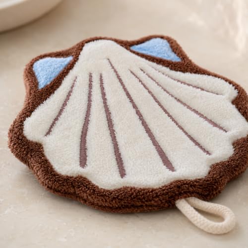 Ocean-Themed Coral Fleece Hand Towels with Shell & Starfish Design, Soft & Absorbent