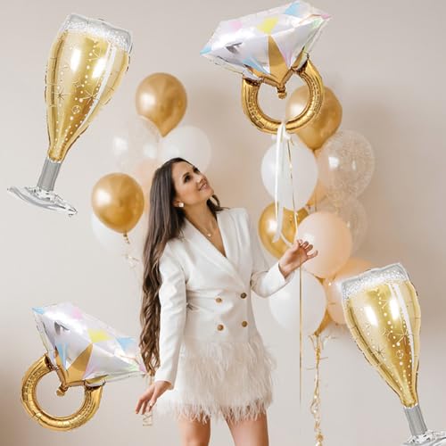 Bride Diamond Ring & Champagne Glass Foil Balloons Set - 4PCS