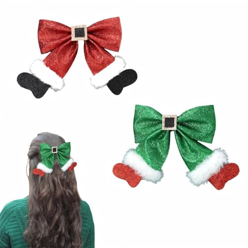 Christmas Hair Clips 2-Pack Red Green Glitter Bow Hairpins