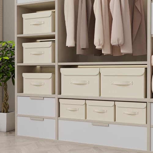 Beige Cloth Storage Basket with Lid and Handle - 10.2x7.9x6.7in (1 Pack)