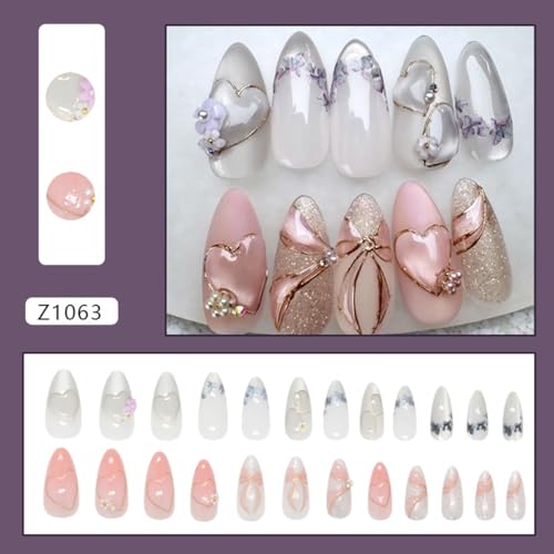 White Pink Glitter Press on Nails - Medium Almond 3D Flower Fake Nails