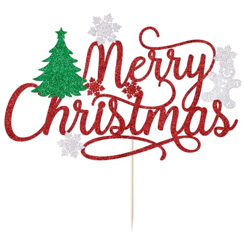 Merry Christmas Cake Topper Red Glitter Holiday Party Decoration