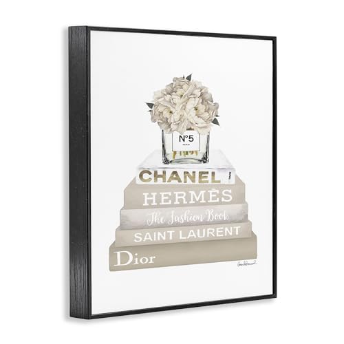 The Stupell Home D?cor Collection High Fashion Bookstack with Tan Flowers Framed Giclee Texturized Art, 11 x 14, Multi-Color