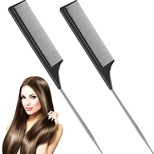 Leinuosen 2 Pcs Rat Tail Combs Carbon Fiber Metal Pin Teasing Hair