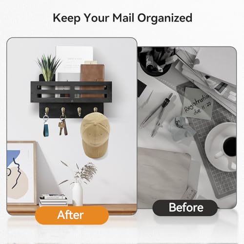 KISENG Rustic Wall-Mounted Key and Mail Holder, 10.2-Inch Black Key Rack