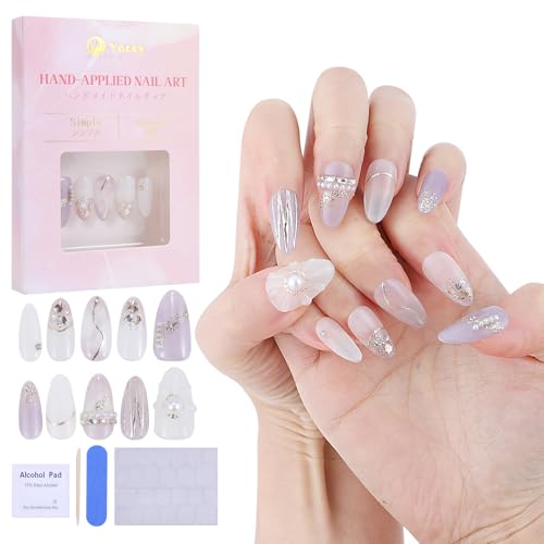 Yacey Handmade Short Almond Press On Nails Purple 3D Pearl Acrylic