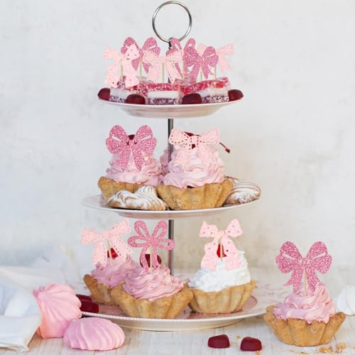 24 Pack Glitter Pink Bow Cupcake Toppers for Parties
