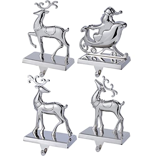 Christmas Stocking Holders Set of 4 - Reindeer & Sleigh Design for Fireplace Mantel