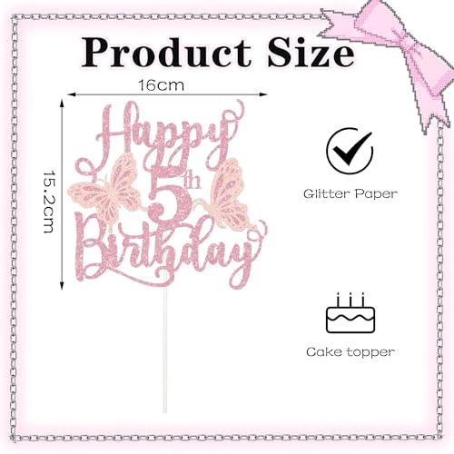 Glitter Pink Butterfly 5th Birthday Cake Topper Decoration