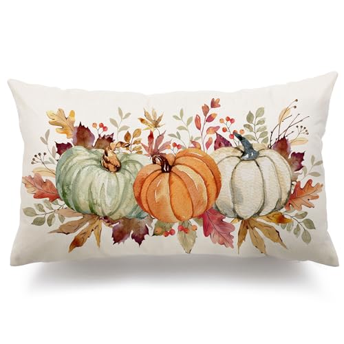 DFXSZ 12x20 Inch Fall Pumpkin & Maple Leaf Lumbar Pillow Cover - Orange, Green, White, Polyester, Thanksgiving Home Decor Pack of 1