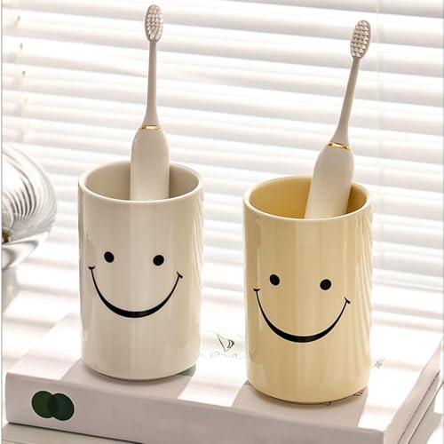White Smiley Face Ceramic Toothbrush Cup - Creative Bathroom Accessory
