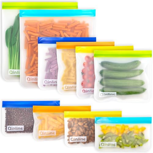 Qinline 10-Pack Reusable Food Storage Bags - Leakproof PEVA Freezer Bags