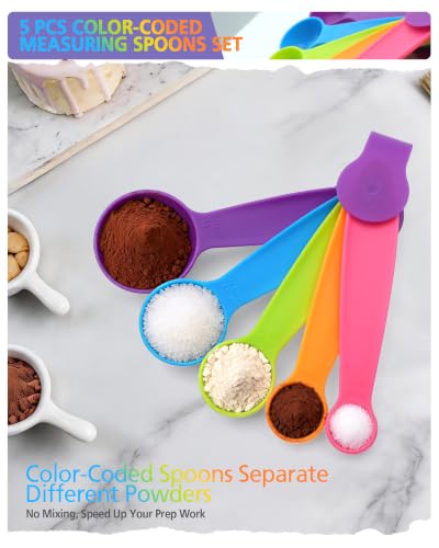 leepiya Measuring Spoons Set of 5, Color Coded Plastic with Fade-Proof Raised Markings