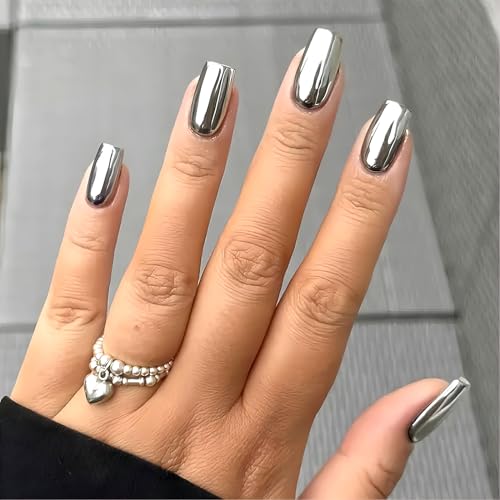 BFY Short Square Silver Chrome Press On Nails - 24 Pcs Glossy Mirror Metal Acrylic False Nails Set with Tools