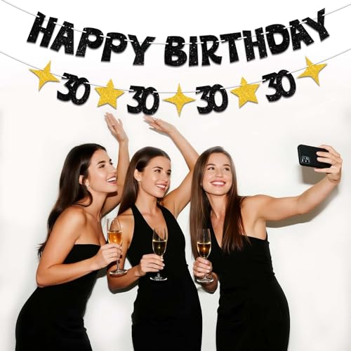 Happy 30th Birthday Banner, Black and Gold Pre-Strung Party Decoration