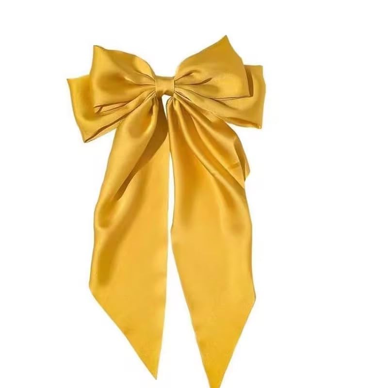 Jumbo Yellow Satin Hair Bow Clip with Long Tails French Barrette