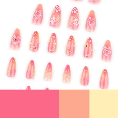 Floral Press on Nails Medium Almond Fake Nails with Pearl Designs Glossy