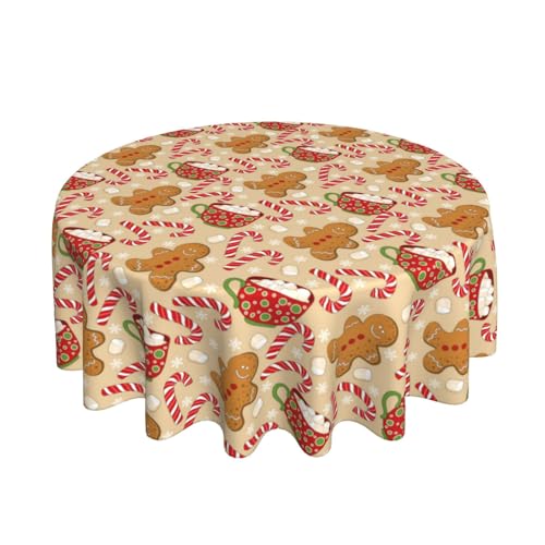 Round Christmas Tablecloth 70x70 Inch Brown Gingerbread Man - Holiday Decor