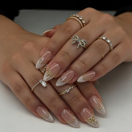 French Press on Nails Almond White Tips with 3D Gold Bow 24Pcs