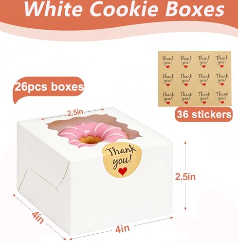 26 Pcs Cookie Boxes with Window & Stickers - 4x4x2.5 Inches
