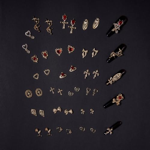 Bratrico 40PCS Gold Nail Charms Set Y2K Baroque 3D Gems with Red Rhinestones