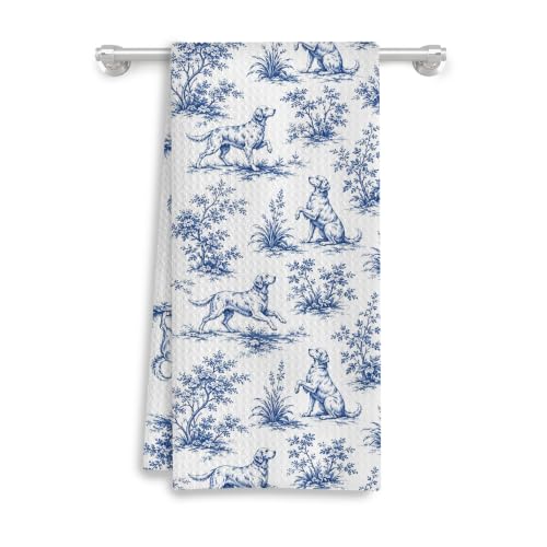 Chinoiserie Golden Retriever Kitchen Towel, Blue and White Porcelain Print