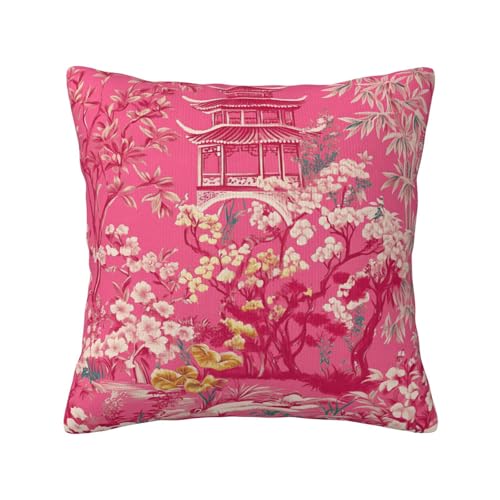 Chinoiserie Pink Pagoda Throw Pillow Cover - 18x18 Inch Plush Case