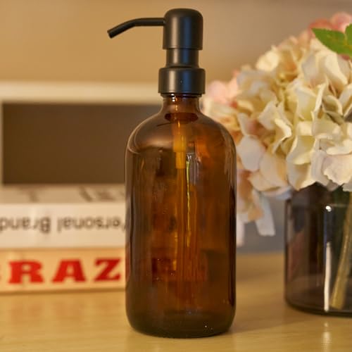 Diahom 16 Oz Amber Glass Soap Dispenser with Rustproof Black Pump