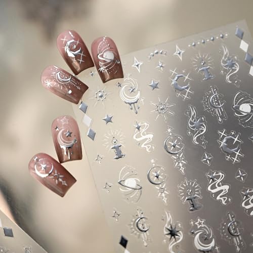 Lukmexor 5D Embossed Silver Star & Moon Nail Stickers Self-Adhesive Art Decals